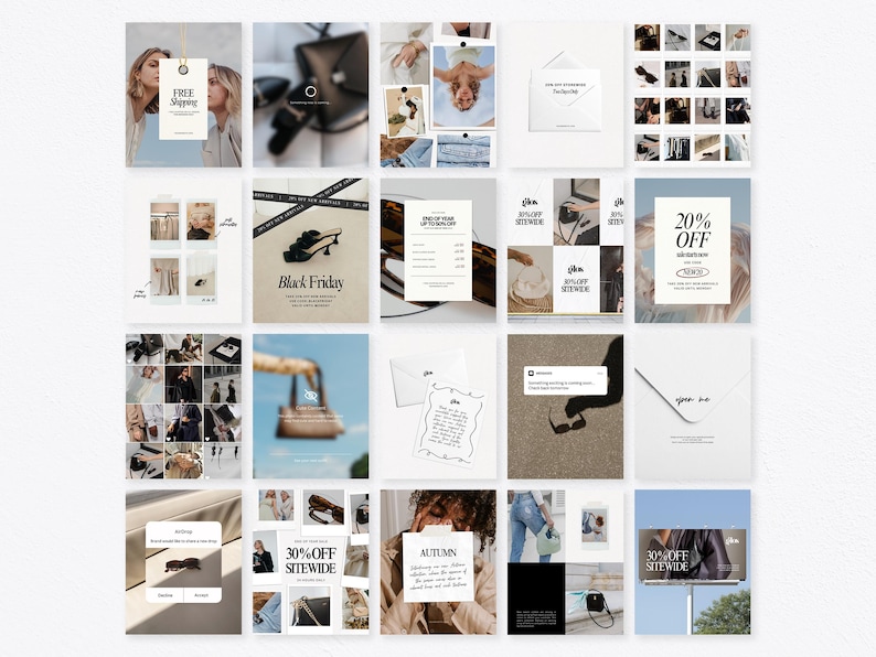 K&ouml;nnte beinhalten: Eine Sammlung von 16 Instagram-Story-Vorlagen mit verschiedenen Bildern und Texten. Die Vorlagen enthalten Bilder von Schuhen, Kleidung und Accessoires sowie Text wie "Kostenloser Versand", "Black Friday", "20% Rabatt" und "30% Rabatt auf alles".