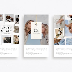 K&ouml;nnte beinhalten: Drei Instagram-Post-Designs mit einer Collage aus Fotos mit einer Verkaufsank&uuml;ndigung, einem kostenlosen Versand-Tag und einer Auswahl an Kleidung und Accessoires. Der Text auf dem ersten Beitrag lautet "Jahresendverkauf 30% Rabatt auf alles 24 Stunden lang". Der Text auf dem zweiten Beitrag lautet "Kostenloser Versand". Der Text auf dem dritten Beitrag lautet "1.234 Likes".
