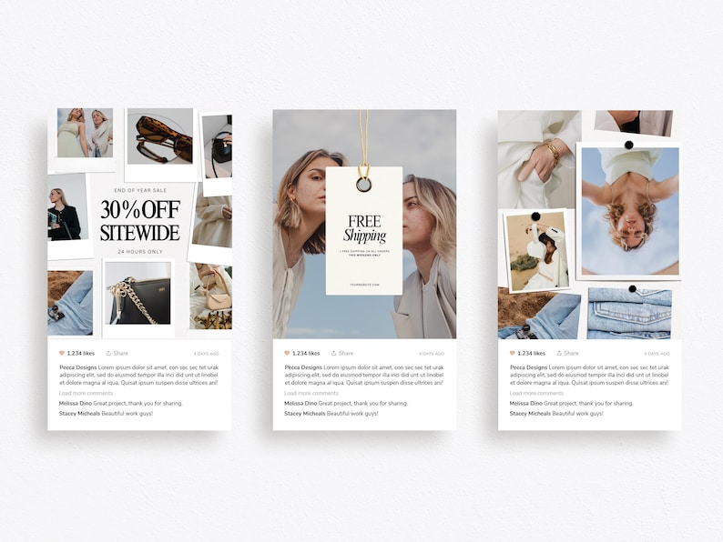 K&ouml;nnte beinhalten: Drei Instagram-Post-Designs mit einer Collage aus Fotos mit einer Verkaufsank&uuml;ndigung, einem kostenlosen Versand-Tag und einer Auswahl an Kleidung und Accessoires. Der Text auf dem ersten Beitrag lautet "Jahresendverkauf 30% Rabatt auf alles 24 Stunden lang". Der Text auf dem zweiten Beitrag lautet "Kostenloser Versand". Der Text auf dem dritten Beitrag lautet "1.234 Likes".
