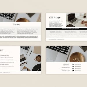 May include: A checklist with a list of items to complete, a welcome slide with text, a slide with the text "YOUR Package" and a list of services included in the package, and a thank you slide with contact information. The slides are all white with black text and have a minimalist design.