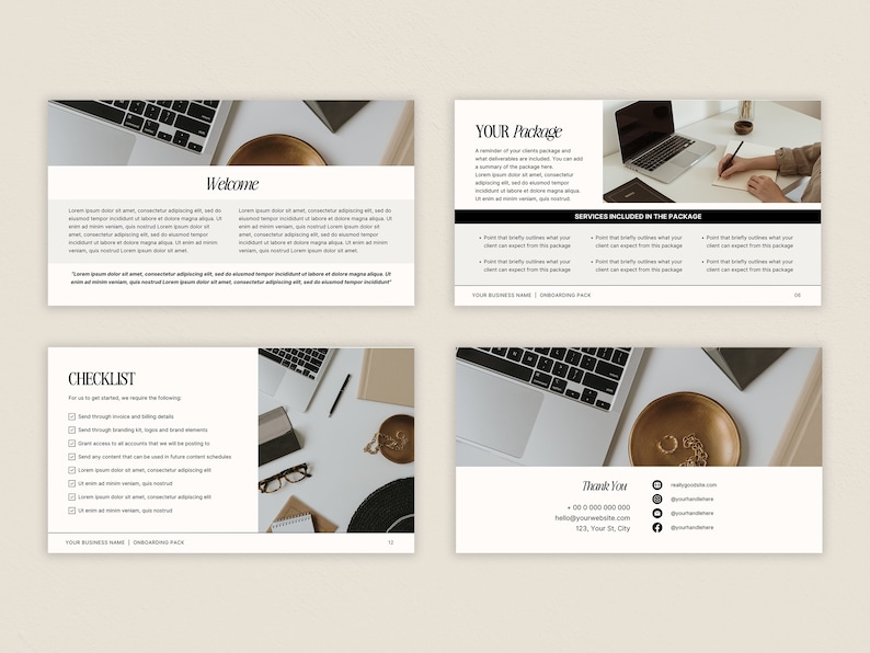 May include: A checklist with a list of items to complete, a welcome slide with text, a slide with the text "YOUR Package" and a list of services included in the package, and a thank you slide with contact information. The slides are all white with black text and have a minimalist design.