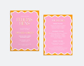 Modern Hens & Bachelorette Invite | Bachelorette Party | Orange and Pink | Wavy Border Design | Instant Download | Print at Home
