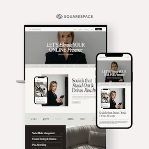 Puede incluir: Diseño de sitio web que se muestra en una computadora portátil y un teléfono inteligente, mostrando los servicios de una agencia de redes sociales. El diseño presenta a una mujer y el texto "LET'S Elevate YOUR ONLINE Presence." El texto adicional incluye "Socials that Stand Out & Drives Results."