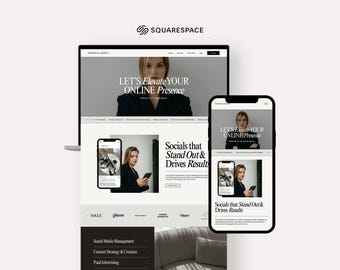 May include: A website design displayed on a laptop and smartphone, showcasing a social media agency's services. The design features a woman and the text "LET'S Elevate YOUR ONLINE Presence." Additional text includes "Socials that Stand Out & Drives Results."