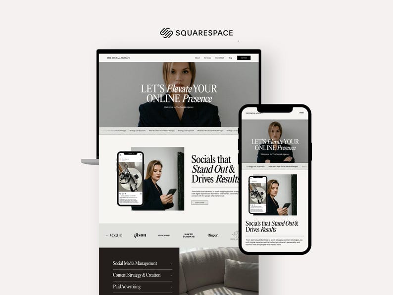 Peut inclure: Pr&eacute;sentation d'un site web sur ordinateur portable et smartphone, pr&eacute;sentant les services d'une agence de m&eacute;dias sociaux. Le design pr&eacute;sente une femme et le texte "LET'S Elevate YOUR ONLINE Presence." Le texte suppl&eacute;mentaire comprend "Socials that Stand Out & Drives Results."
