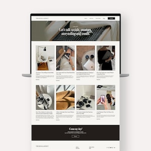 Peut inclure: Un &eacute;cran d'ordinateur portable affiche un site web avec le texte "Let's talk socials, creators, storytelling and trends." Le site web pr&eacute;sente une grille d'images avec du texte et une palette de couleurs noir et blanc.