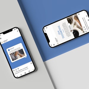 Pu&ograve; includere: Due schermate di post di Instagram su telefoni cellulari. Il primo post presenta una testimonianza di un cliente su un social media manager. Il secondo post presenta una testimonianza di un cliente su un prodotto di bellezza con una foto del prodotto.