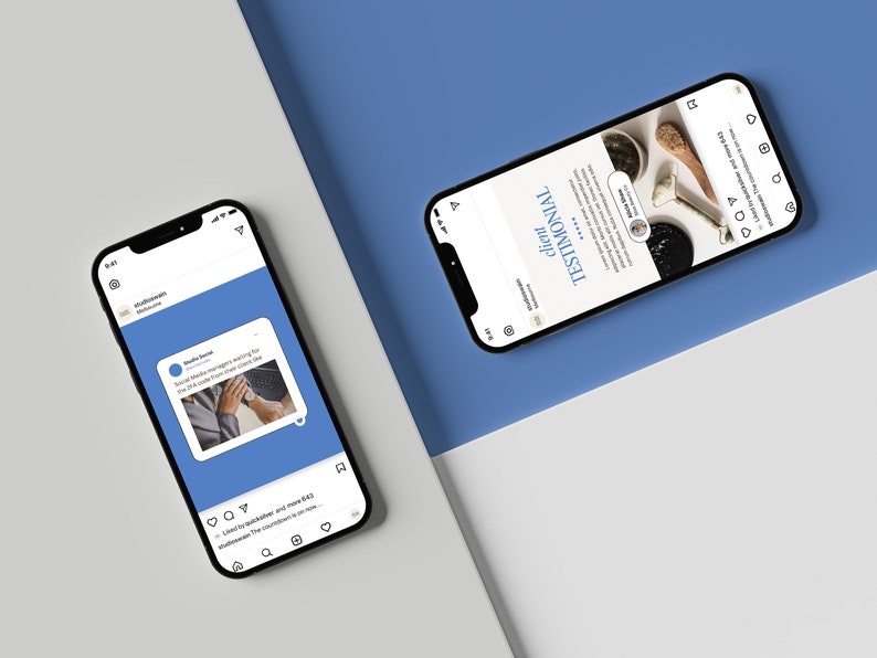 Pu&ograve; includere: Due schermate di post di Instagram su telefoni cellulari. Il primo post presenta una testimonianza di un cliente su un social media manager. Il secondo post presenta una testimonianza di un cliente su un prodotto di bellezza con una foto del prodotto.