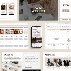 Op de afbeelding: Een digitale marketing toolkit voor sociale media met een beige en bruin kleurenschema. De toolkit bevat een social media audit, een TikTok planner overzicht, een klant testimonial sjabloon en een "Meet the Team" pagina. De toolkit bevat ook een "Join our Email List" call to action.