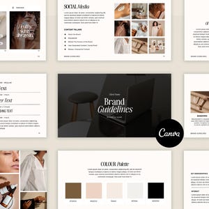 Könnte beinhalten: Ein Schwarzweiß-Markenrichtlinien-Dokument mit dem Titel "Markenrichtlinien" und dem Wort "Canva" in Weiß auf schwarzem Hintergrund. Das Dokument enthält Abschnitte zu Social Media, Content Pillars, Farbpalette, Bildstil und Zielmarkt.