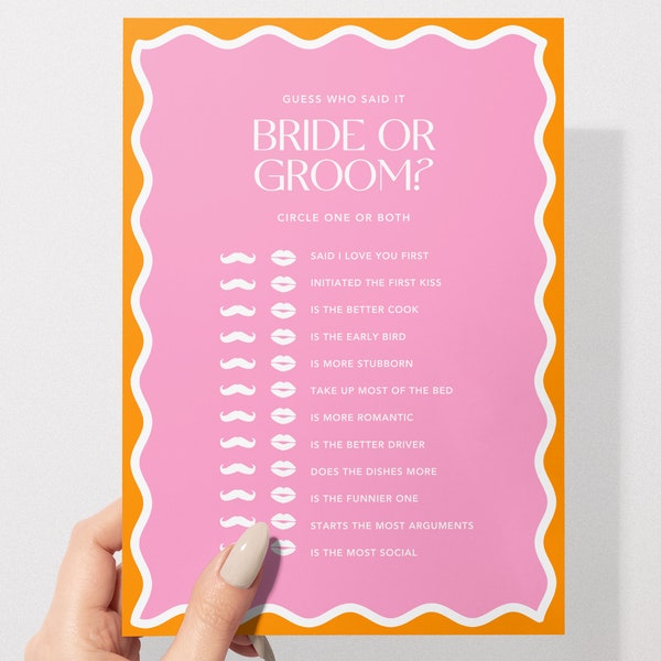 Bride Or Groom | Hens & Bridal Shower Party Game | Bachelorette | Pink and Orange | Instant Download | Print at Home | Wavy Border