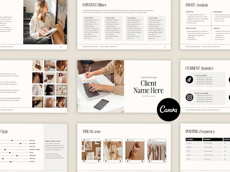 May include: A social media strategy template with a beige background. The template includes sections for content pillars, SWOT analysis, current statistics, visual tone, posting frequency, and a client name section. The template is designed for use with Canva.