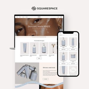 May include: A laptop and smartphone display a skincare website with the text "Skincare, made KINDE." The website showcases various skincare products, including moisturizers, serums, and cleansers. The overall aesthetic is clean and modern, with a focus on product presentation.