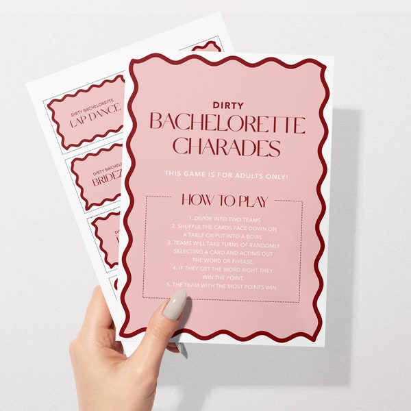 Dirty Bachelorette Charades | Bachelorette Party Games | Hen Party Games | Instant Download | Print at Home | Pink + Red | Wavy Border