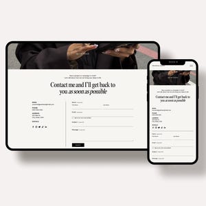 Peut inclure: Une page de contact num&eacute;rique affich&eacute;e sur une tablette et un smartphone. Le formulaire comprend des champs pour le nom, l'e-mail et le message, avec le texte "Contactez-moi et je vous r&eacute;pondrai d&egrave;s que possible."