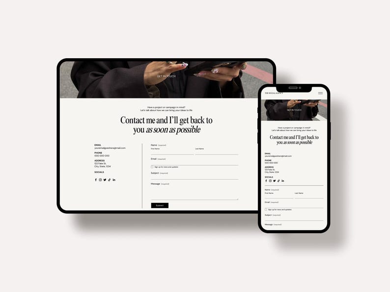 Peut inclure: Une page de contact num&eacute;rique affich&eacute;e sur une tablette et un smartphone. Le formulaire comprend des champs pour le nom, l'e-mail et le message, avec le texte "Contactez-moi et je vous r&eacute;pondrai d&egrave;s que possible."