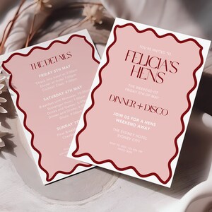 May include: A pink and white invitation with a red border for a hen party weekend. The invitation says "You're invited to Felicia's Hens, The weekend of Friday 5th of May, Dinner + Disco, Join us for a hens weekend away, The Sydney Hotel, Sydney City, RSVP to Jesse 123456789".