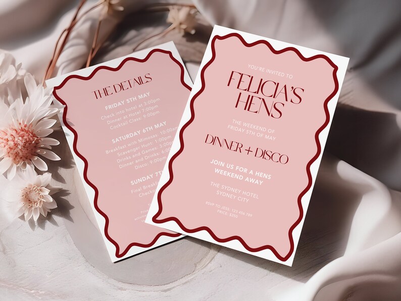 May include: A pink and white invitation with a red border for a hen party weekend. The invitation says "You're invited to Felicia's Hens, The weekend of Friday 5th of May, Dinner + Disco, Join us for a hens weekend away, The Sydney Hotel, Sydney City, RSVP to Jesse 123456789".