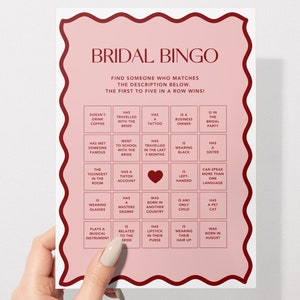 Bridal Bingo Game | Hens & Bridal Shower Party Game | Bachelorette | Pink + Red | Instant Download | Print at Home | Wavy Border