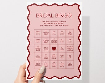 Bridal Bingo Game | Hens & Bridal Shower Party Game | Bachelorette | Pink + Red | Instant Download | Print at Home | Wavy Border