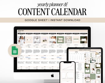 Social Media Content Calendar & Planner Template | Yearly | Google Sheet Spreadsheets | Batch Content | Digital Download