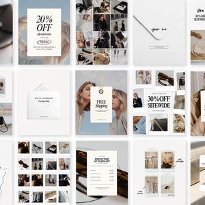 Peut inclure: Une collection de modèles de publication sur les réseaux sociaux pour une boutique en ligne. Les modèles présentent une variété de designs, notamment un collage de photos, une annonce de vente et une offre de livraison gratuite. Les modèles sont tous dans un style minimaliste avec un fond blanc et du texte noir.