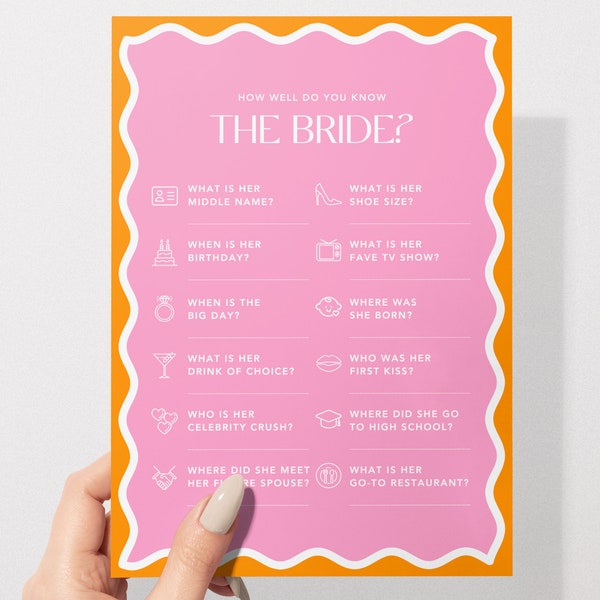 How Well Do You Know The Bride Quiz | Modern Hens & Bridal Shower Party Game | Bachelorette | Instant Download | Print at Home | Wavy Border