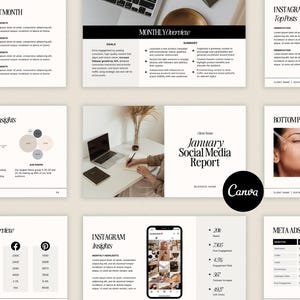 May include: A social media report for January, showing a monthly overview, demographic insights, platform overview, Instagram insights, top posts, bottom performing ads, and meta ad spend breakdown. The report includes charts, graphs, and tables with data on engagement, reach, and ad spend.