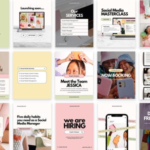 Könnte beinhalten: Eine Sammlung von Social-Media-Marketing-Grafiken in verschiedenen Pastellfarben. Die Grafiken enthalten Texte wie "Out of Office", "Launching Soon", "Our Services", "Social Media Masterclass", "Photo Package" und "Client Testimonial".