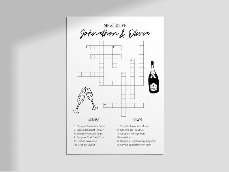 Sip & Solve Wedding Crossword Template Printable and Editable Canva