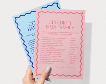 May include: Pink and blue game cards with a wavy border. The cards have a list of celebrity couples and their children's names. The text on the cards reads "Celebrity Baby Names" and "Match the baby names with their famous parents. Whoever scores the highest wins!"
