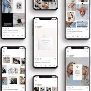 K&ouml;nnte beinhalten: Eine Collage aus Instagram-Posts mit verschiedenen Produkten, darunter Kleidung, Accessoires und Wohnaccessoires. Die Posts enthalten Text wie "30% Rabatt auf alles" und "Kostenloser Versand".