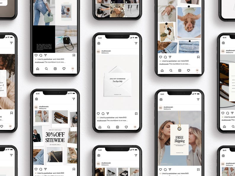 K&ouml;nnte beinhalten: Eine Collage aus Instagram-Posts mit verschiedenen Produkten, darunter Kleidung, Accessoires und Wohnaccessoires. Die Posts enthalten Text wie "30% Rabatt auf alles" und "Kostenloser Versand".