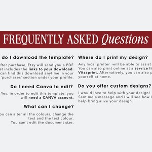 May include: A white background with a red banner at the top that says "FREQUENTLY ASKED Questions". The text below the banner answers questions about downloading, editing, printing, and customizing a template.