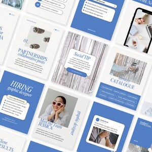 Pu&ograve; includere: Una raccolta di modelli di post sui social media con uno schema di colori blu e bianco. I modelli presentano testo come "4 tendenze per migliorare il tuo coinvolgimento sui social media", "Partnership post collaborativi", "Assunzione grafico", "Incontra il team Jessica", "Suggerimento social", "Catalogo dei servizi", "Iscriviti alla nostra mailing list", e "Ispirazione moodboard".