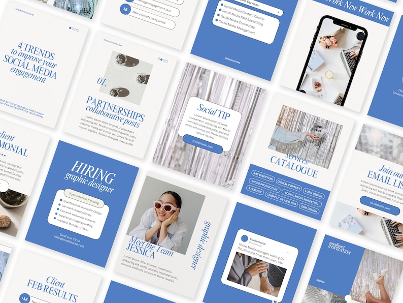 Pu&ograve; includere: Una raccolta di modelli di post sui social media con uno schema di colori blu e bianco. I modelli presentano testo come "4 tendenze per migliorare il tuo coinvolgimento sui social media", "Partnership post collaborativi", "Assunzione grafico", "Incontra il team Jessica", "Suggerimento social", "Catalogo dei servizi", "Iscriviti alla nostra mailing list", e "Ispirazione moodboard".