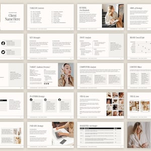 May include: A social media strategy presentation template with a black and white color scheme. The template includes sections for current statistics, key messages, target audience personas, competitor analysis, content filters, visual tone, paid ads strategy, and suggested ad budget. The presentation also includes a thank you slide with social media icons.