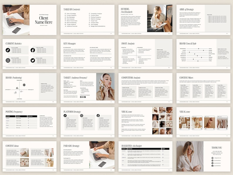 May include: A social media strategy presentation template with a black and white color scheme. The template includes sections for current statistics, key messages, target audience personas, competitor analysis, content filters, visual tone, paid ads strategy, and suggested ad budget. The presentation also includes a thank you slide with social media icons.