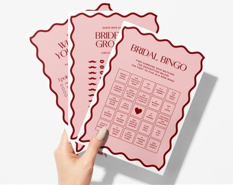 Modern Hens & Bridal Shower Party Games | Bachelorette Party | Wavy Border | 8 Game Bundle | Pink + Red | Instant Download | Print at Home
