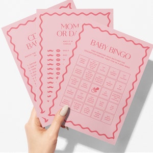 Jeux de société roses ou bleus modernes pour baby shower | Enterrement de vie de jeune fille | bordure ondulée | Lot de 8 jeux prédéfinis | Téléchargement instantané | Impression à la maison