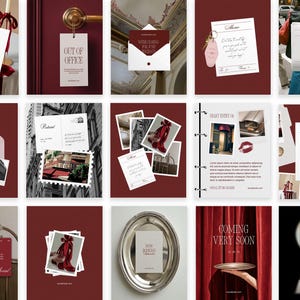 Op de afbeelding: Een verzameling afbeeldingen met een consistent kleurenpalet van bordeauxrood en wit. De afbeeldingen bevatten ansichtkaarten, notities en kaarten met tekst zoals "Out of Office", "Coming very soon" en "Bookings Now Open". Sommige afbeeldingen tonen foto's van schoenen, gebouwen en sleutels.