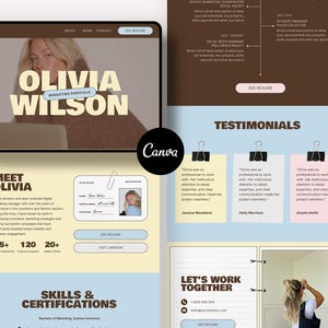 Könnte beinhalten: Eine digitale Marketing-Portfolio-Website-Vorlage mit einem Farbschema in Braun, Hellblau und Creme. Das Layout enthält Abschnitte für eine Biografie, Fähigkeiten, Zertifizierungen, Erfahrungsberichte und Kontaktinformationen mit dem Text Olivia Wilson.