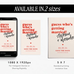 Puede incluir: Un anuncio digital de guardar la fecha para una boda. El anuncio est&aacute; en texto rojo y negro sobre un fondo crema. El texto dice "adivina qui&eacute;n se casa! Stephanie + Alexander 02.09.24 Guarda la fecha Invitaci&oacute;n a seguir". El anuncio est&aacute; disponible en dos tama&ntilde;os: 1080 x 1920 p&iacute;xeles para historias de Instagram o compartir digitalmente y 5 x 7 pulgadas para impresi&oacute;n est&aacute;ndar.