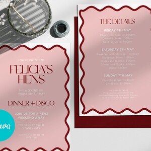 May include: A pink and white invitation with a red border for a hen party weekend. The invitation says "You're invited to Felicia's Hens, The weekend of Friday 5th of May, Dinner + Disco, Join us for a hens weekend away, The Sydney Hotel, Sydney City". The details of the weekend are listed on a separate card.
