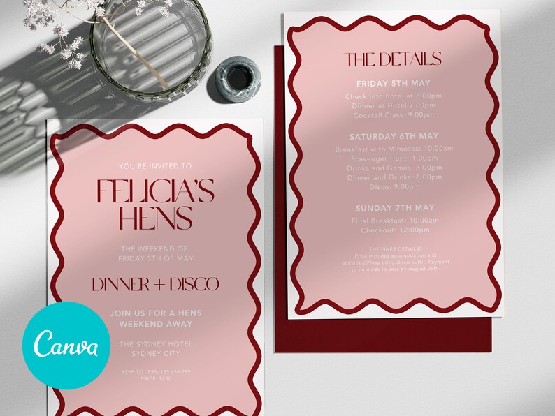 May include: A pink and white invitation with a red border for a hen party weekend. The invitation says "You're invited to Felicia's Hens, The weekend of Friday 5th of May, Dinner + Disco, Join us for a hens weekend away, The Sydney Hotel, Sydney City". The details of the weekend are listed on a separate card.