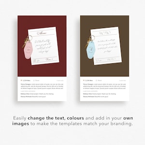 May include: Two digital art mockups featuring a memo with handwritten text and a hotel key tag. One mockup has a maroon background with a pink key tag, and the other has a brown background with a blue key tag.