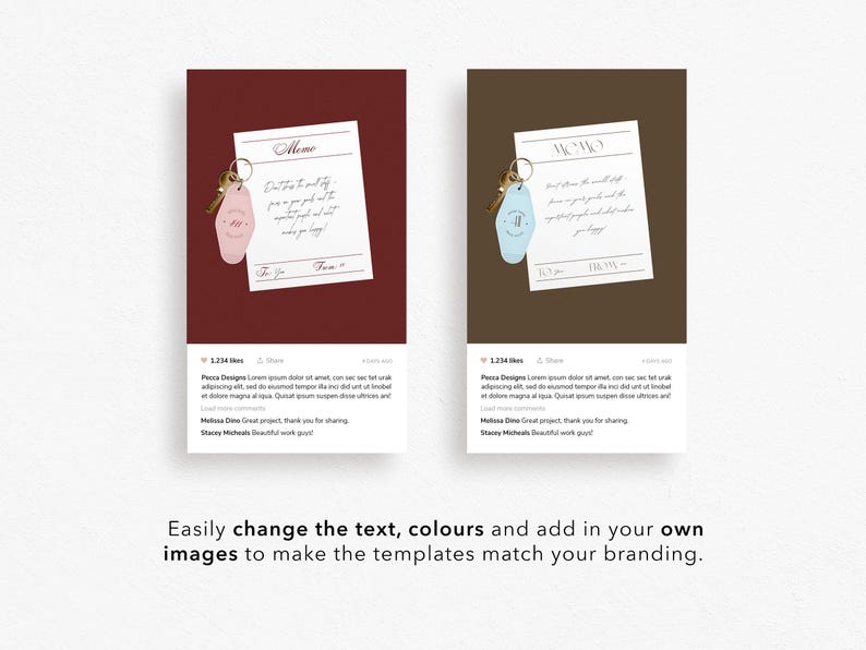 May include: Two digital art mockups featuring a memo with handwritten text and a hotel key tag. One mockup has a maroon background with a pink key tag, and the other has a brown background with a blue key tag.