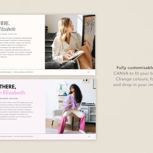 May include: Two images of a woman in a pink and purple outfit, sitting in a chair. The text "HI THERE, I'm Elizabeth" is at the top of the image. The text "BUSINESS NAME, POSITION" is below the text "HI THERE, I'm Elizabeth". The text "YOUR BUSINESS NAME | SOCIAL MEDIA STRATEGY" is at the bottom of the image. The text "Fully customisable in CANVA to fit your brand. Change colours, fonts and drop in your images" is on the right side of the image.