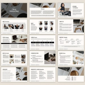 May include: A client onboarding guide with a black and white design. The guide includes sections on the team, work process, monthly timeline, billing terms, checklist, and frequently asked questions.