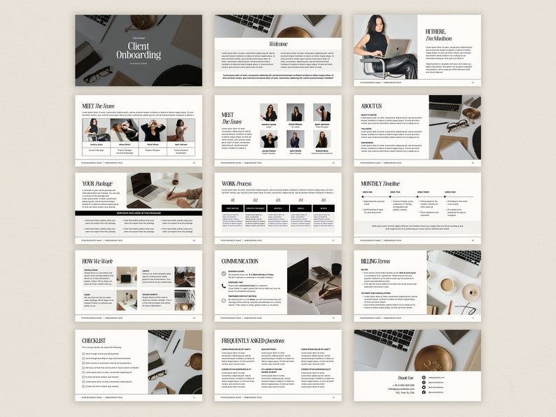 May include: A client onboarding guide with a black and white design. The guide includes sections on the team, work process, monthly timeline, billing terms, checklist, and frequently asked questions.